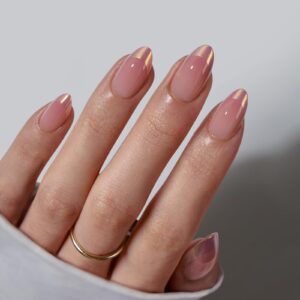BTArtbox Press On Nails Short – Chrome French Tip Almond Press On Nails with Glue for Women, Opaque Soft Gel Glue On Nails in 16 Sizes – 32 Stick On Nails Kit, Coastal Glow