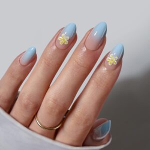 BTArtbox Press On Nails Short Ombre- Flower Almond Press On Nails with Glue for Women, Opaque Soft Gel Glue On Nails in 16 Sizes – 32 Stick On Nails Kit, Garden Party