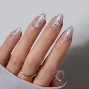 BTArtbox Press On Nails Short – Pearl Accents Chrome Almond Press On Nails with Glue for Women, Opaque Soft Gel Glue On Nails in 16 Sizes – 32 Stick On Nails Kit, Tidal Pearl