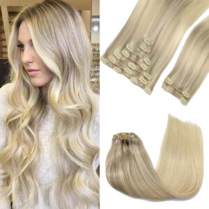 GOO GOO Clip in Hair Extensions – Real Human Remy Hair, Natural, 14inch 150g 9Pcs, Balayage Ash to Platinum Blonde