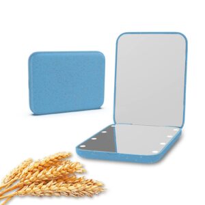 Kintion Wheat Straw Pocket Mirror, 1X/3X Magnification Travel Mirror for Purse, Lighted Plastic Fiber Mirror, Folding Handheld Mirror, Small Lighted Compact Mirror for Gift, Blue
