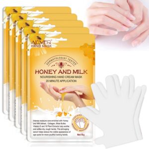 LAOFEIA 5 Pack Moisturizing Hand Mask Gloves> Hand Skin Repair Renew Mask> Hand Peeling Mask for Dry Hands> Repair Rough Skin for Women & Men (Honey&Milk)