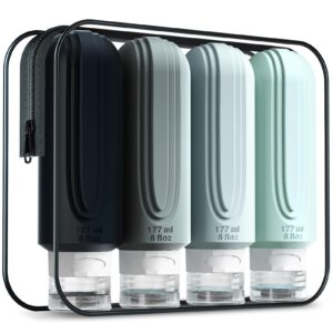 Mrsdry Travel Bottles for Toiletries, Large 6oz Oversize Containers, BPA Free Leak Proof Tubs Refillable Liquid Travel Accessories with Toiletry Bag for Cometic Shampoo and Lotion Soap (4 Pack)