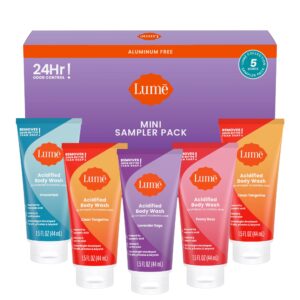 Lume Acidified Body Wash 5 Pack Minis – 24 Hour Odor Control – Moisturizing Formulated Without SLS & Parabens – 1.5 ounce Tubes (Clean Tangerine, Lavender Sage, Peony Rose, Toasted Coconut, Unscented)