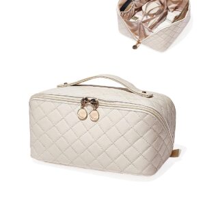 EACHY Travel Makeup Bag, Large Capacity Cosmetic Bags for Women, Waterproof Portable Open Flat Toiletry Bag Make up Bag with Divider and Handle, Gifts for Women (F-Beige, Medium)