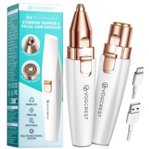 VG VOGCREST Eyebrow Facial Trimmer: 2 in1 Rechargeable Facial Hair Removal and Eyebrow Shaver – Face Lips Body Painless Facial Razor with Built-in LED Light (White)