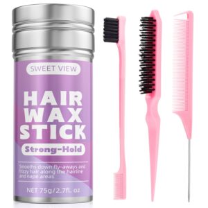SWEET VIEW Hair Wax Stick & Slick Back Hair Brush, Hair Pomade/Balm for Smooth Flyaways, Frizz, Sleek Ponytail, Buns, Styling Accessories Cream/Gel for Girls, Kids