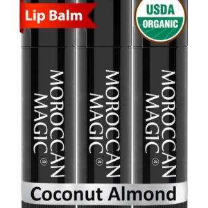 Moroccan Magic Organic Coconut Almond Lip Balm 3 Pack | Chapsticks for Dry Lips | Natural Argan & Essential Oils Lip Moisturizer + Vitamin E | Smooth, Hydrating, Non-Toxic | Organic Lip Balm Set