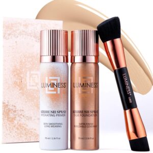 LUMINESS Airbrush Spray Silk Foundation Starter Kit – Fair Light – Foundation, Primer & Dual-Sided Angled Buffing Brush – Medium, Buildable Coverage, Anti-Aging Formula Hydrates & Moisturizes