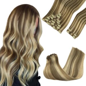 GOO GOO Clip in Hair Extensions Real Human Hair, Remy Human Hair Extensions Clip ins for Women, Natural Human Hair, 14inch 150g 9Pcs, 8A/22 Medium Brown Highlighted Golden Blonde