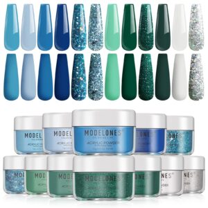 Modelones Acrylic Powder> 12 Colors Acrylic Nail Powder> Blue Green Glitter Acrylic Nail Acrylic Powder> Nail Extension 3D Nail Art Spring Summer French Nail Holiday Gifts for Women Girls