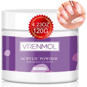 VRENMOL Clear Acrylic Powder 4.23oz> Professional Polymer Nail Powder 120g Big Capacity Nail Art System for Acrylic Nails Extension No Need Nail Lamp