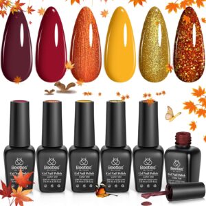 beetles Gel Nail Polish Set 6 Fall Colors Gel Nail Polish Burgundy Yellow Glitter Orange Gold Nail Polish UV LED Nail Lamp Nail Polish Home DIY Manicure Nail Art