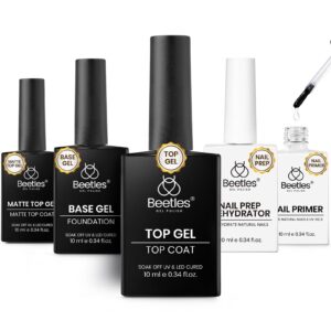 Beetles Gel Top Coat and Base Coat Set with Nail Dehydrator and Primer, 5 Pcs 10ml Glossy & Matte Top Coat Gel Nail Polish Nail Prep Acid-Free and Hema-Free Dehydrate Bond Primer Set for Acrylic