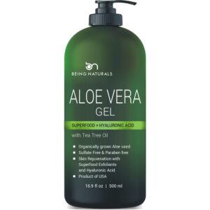 Aloe vera Gel – from 100% Pure Organic Aloe – Natural Raw Moisturizer for Face, Body, Hair. Perfect for Sunburn, Acne, Razor Bumps 16.9 fl oz (Tea Tree, Superfood, Hyaluronic Acid)