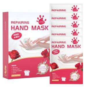 APPTI Hand Mask>5 Pairs Repairing Hand Peel Mask with Rose & Milk> Moisturizing Hand Mask for Repair Dry Skin> Rough Skin> Cracked Hands> Aging> for Women men