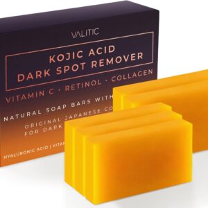 VALITIC Kojic Acid Dark Spot Remover Soap Bars with Vitamin C, Retinol, Collagen, Turmeric – Original Japanese Complex Infused with Hyaluronic Acid, Vitamin E, Shea Butter, Castile Olive Oil – 5 Pack