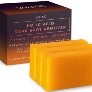 VALITIC Kojic Acid Dark Spot Remover Soap Bars with Vitamin C, Retinol, Collagen, Turmeric – Original Japanese Complex Infused with Hyaluronic Acid, Vitamin E, Shea Butter, Castile Olive Oil (3 Pack)