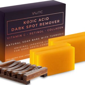 Valitic Kojic Acid Dark Spot Remover Soap Bar with Vitamin C, Retinol, Collagen, Turmeric – Original Japanese Complex – Hyaluronic Acid, Vitamin E, Shea Butter, Castile Oil ( 4 Pack ) With Soap Holder