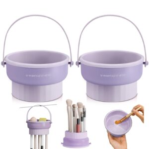 GOLIKEE 2 Pack Makeup Brush Cleaner Mat 3 in 1 Silicone Makeup Brush Cleaner Makeup Brush Cleaning Bowl Makeup Brush Sponge Scrubber Tool for Cleaning, Storage And Upside Down Drying(Two Purple)