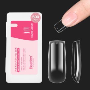 Beetles Medium Square Nail Tips, 500Pcs Nail Kit Medium Square Pre Shaped Clear Full Cover False Nails for Gel Art Polish Soak Off Lamp Nail Extensions Acrylic Press on Nail Tips