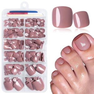 LuckForever 168pc Press on Toenails Women Fake Toe Nails with Glue Adhesive Tabs, Coffee Fake Toenails Press on Nails Toe Acrylic Nail Tips Short Square False Toenails Artificial Toe Nails Press ons