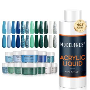 Modelones 12 Colors Blue Green Glitter Acrylic Powder & 4oz/120ml Monomer Acrylic Nail Liquid – Acrylic Powder Acrylic Nail Art Nail Extension> Medium Drying> Non-Yellow