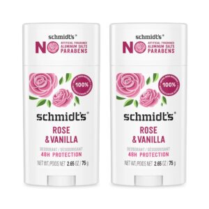 Schmidt’s Aluminum-Free Vegan Deodorant Rose & Vanilla with 24 Hour Odor Protection 2 Count for Women and Men, Natural Ingredients, Cruelty-Free, 2.65 oz