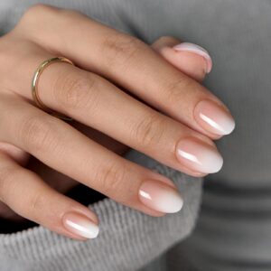 BTArtbox Press On Nails Almond – Extra Short Press On Nails, Nude White Ombre Soft Gel Nails, Natural Reusable Stick On Nails in 16 Sizes – 32 Fake Nails Kit