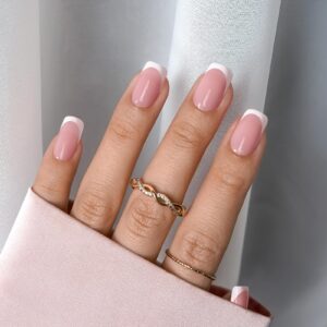 BTArtbox French Tips Press On Nails- Short Square Press on nails Pink, Natural Fake Nail with Nail Glue in 16 Sizes – 32 Fake Nails Kit