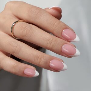 BTArtbox Press On Nails Short – Almond French Tip Press On Nails Pink, 32Pcs Fake Nail with Nail Glue, Natural Reusable Stick On Nails