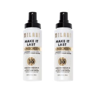 Milani Sunscreen Setting Spray + Primer, Make It Last Sunscreen for Face- SPF 30 UVA & UVB Protection Antioxidant Rich Formula for Broad Spectrum Protection, Prime + Set + Protect, 2.02Fl. Oz – 2 Pack