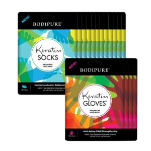 BODIPURE Premium Keratin Gloves and Socks Bundle – Nail Strengthening Hand Masks and Moisturizing Foot Masks – 12 Sock Pairs and 4 Hand Glove Pairs