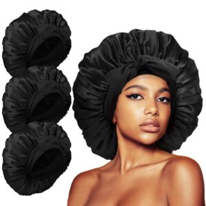 3Pcs Silk Bonnet for Sleeping Women, Extra Large Satin Bonnet for Black Curly Women Braids Hair Jumbo Bonnets(Black)