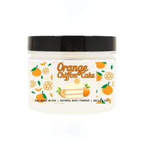 Body Powder for Women & Men Scented Orange Chiffon Cake, Perfume Dusting Powder, Bath Powder with Fragrance & Essential Oils, Talc Free 8oz Container, Made in USA