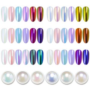 Artdone 6pcs Chrome Nail Powder White Pearl Unicorn Mermaid Aurora Nail Powder,Iridescent Chameleon Effect Nail Color Metallic Mirror Chrome Powder Kit for Nail Art Gel Polish kit