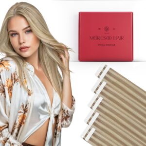 Moresoo Tape in Hair Extensions Human Hair,22 Inch 10 Pcs 25 Gram,#16/22 Honey Blonde Highlighted Medium Blonde, Seamless Hair Extensions Fashion