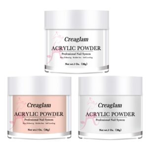 Creaglam Cover Acrylic Powder for Nail: 3 Pcs Super Acrylic Nail Powder Polymer for Carving Nails – 28g Clear White Nude Professional Colored Acrylic Powder Kit – 3D French Nail Manicure Extension
