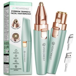 VG VOGCREST Eyebrow Facial Trimmer: 2 in1 Rechargeable Facial Hair Removal and Eyebrow Shaver – Face Lips Body Painless Facial Razor with Built-in LED Light (Pastel Green)