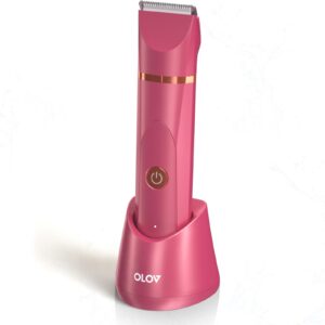 OLOV Electric Body Hair Trimmer – Groin Trimmer for Men – Bikini Trimmer Women – Wet/Dry Shaver Groomer, Replaceable Ceramic Blade Heads, USB Recharge Dock, Waterproof Hygiene Razor, Red