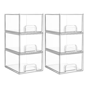 Vtopmart 6 Pack Clear Stackable Storage Drawers, 4.4” Tall Acrylic Bathroom Makeup Organizer,Plastic Storage Bins For Vanity, Undersink, Kitchen Cabinets, Pantry, Home Organization and Storage