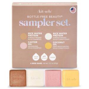 Kitsch 4pc Sampler Solid Shampoo and Conditioner Set – Rice Bar & Castor Oil Shampoo and Rice Bar & Coconut Oil Deep-Moisturizing Hair Conditioner, Zero Waste