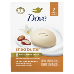 Dove Beauty Bar Gentle Skin Cleanser Shea Butter 2 Bars Moisturizing for Gentle Soft Skin Care More Moisturizing Than Bar Soap 3.75 oz
