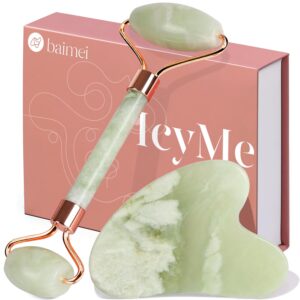 BAIMEI Jade Roller & Gua Sha Set Face Roller and Gua Sha Facial Tools for Skin Care Routine and Puffiness, Self Care Gift for Men Women – Light Green