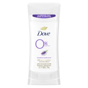 Dove 0% Aluminum Deodorant Stick Non irritating for Underarm Care Lavender and Vanilla Kindest Aluminum free 2.6 oz