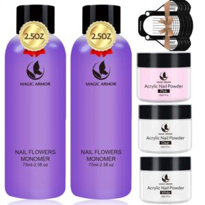 MAGIC ARMOR Acrylic Liquid Monomer and Acrylic Powder Set – 3 Colors Acrylic Powder Clear Pink White Professional Acrylic Monomer Liquid 5oz Acrylic Nail System For Acrylic Nails (150ML+3 COLORS)