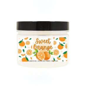 Body Powder for Women & Men Scented Sweet Orange, Perfume Dusting Powder, Bath Powder with Fragrance & Essential Oils, Talc Free 8oz Container, Made in USA