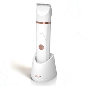 OLOV Electric Body Hair Trimmer – Groin Trimmer for Men – Bikini Trimmer Women – Wet/Dry Shaver Groomer, Replaceable Ceramic Blade Heads, USB Recharge Dock, Waterproof Hygiene Razor, White
