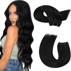 Moresoo Sew in Hair Extensions Real Human Hair Black Women Straight Remy Hair Weft Extensions Jet Black Weft Hair Extensions Human Hair Long 20 Inch 100G