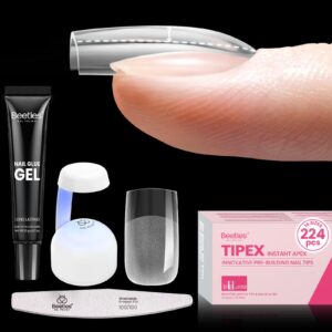Beetles Tipex Gel Nail Kit Short Square Instant Apex Nail Tips, 224 Pcs Pre-Building&Pre-Etched Square False Nail Tips with Tipex UV Nail Glue, Mini Nail Lamp-Thick Acrylic Set for Flat Nails